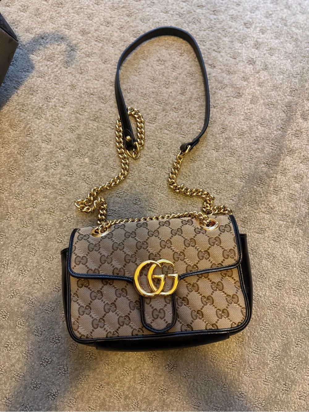 Gucci Beige GG Canvas Crossbody with Black Leather Trim and Gold Hardware